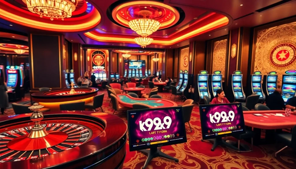 Players engaging at casino tables showcasing the k9k9 game amid vibrant lights and luxury decor.
