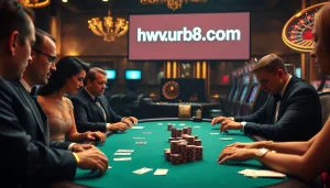Exciting casino atmosphere at https://urr88.com/ with poker table and colorful slot machines.