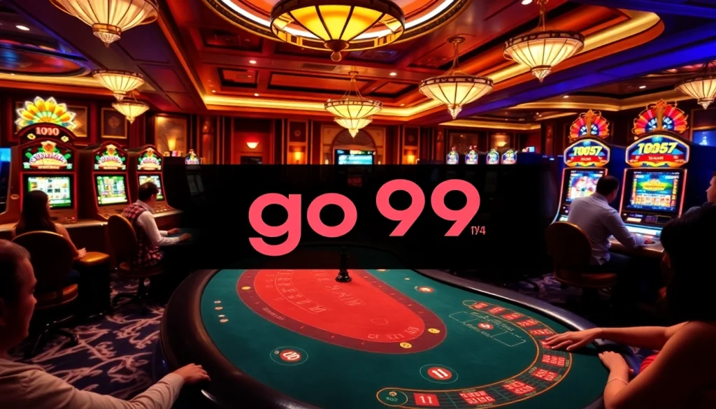 Experience the thrill of go 99 with an elegant casino setting featuring poker and roulette tables.