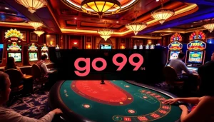 Experience the thrill of go 99 with an elegant casino setting featuring poker and roulette tables.