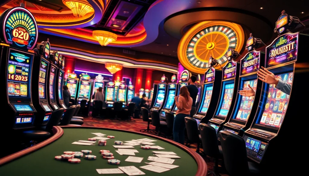 Excited players winning at an idn slot machine surrounded by vibrant casino ambiance.