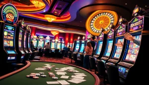 Excited players winning at an idn slot machine surrounded by vibrant casino ambiance.