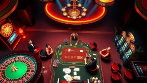 A lively casino scene featuring players at a poker table and a roulette wheel, invoking the excitement of vn168 gambling.