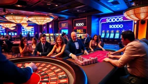 SODO Casino players engaging in poker bets with exciting atmosphere and luxurious setup.