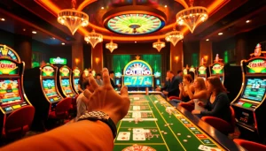 Experience the excitement of kerajaanslot as players engage with vivid slot machines and vibrant casino tables.
