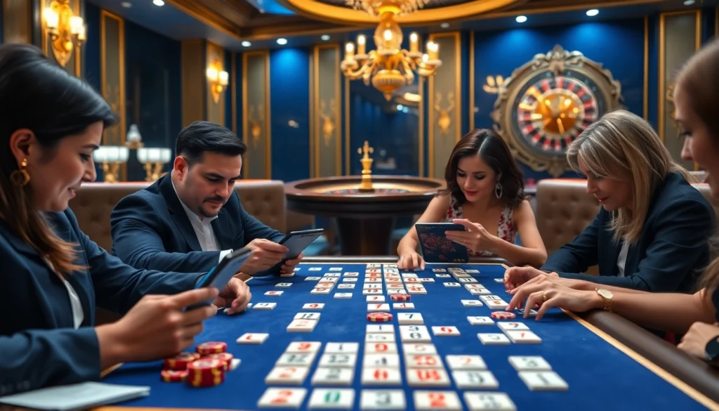 Exciting Rummikub אונליין game setup, featuring players engaged in a luxurious casino environment.