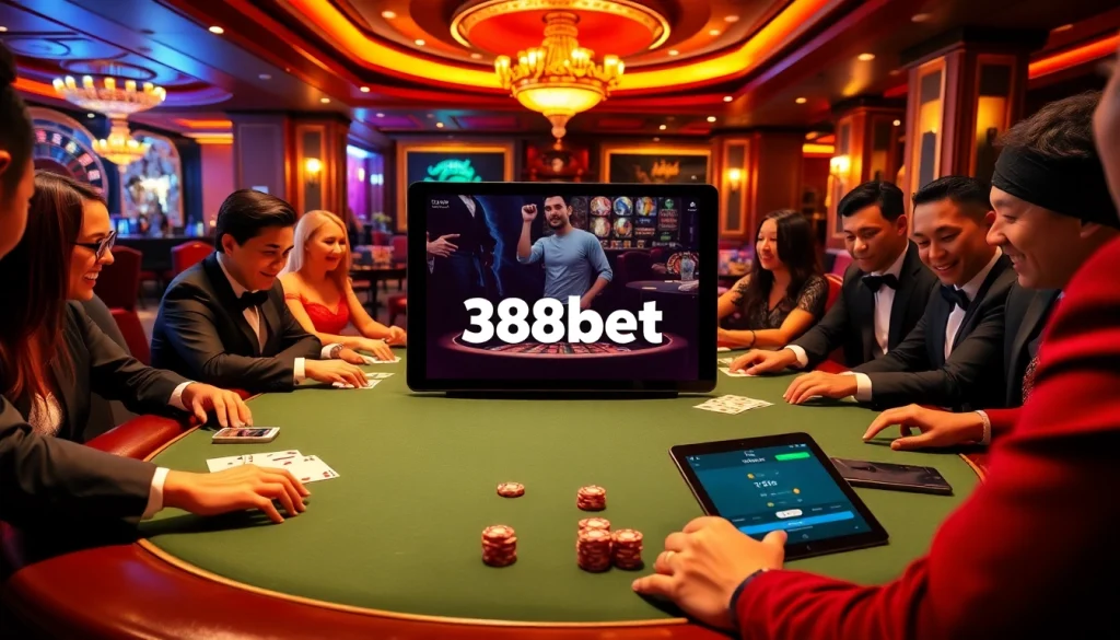 Players enjoying a thrilling game at a 388bet casino table with vibrant poker chips.