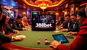 Players enjoying a thrilling game at a 388bet casino table with vibrant poker chips.