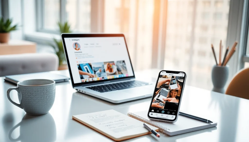 Engaging technology workspace showcasing the instapro app interface with a laptop and smartphone.