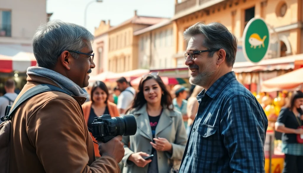 Engaging interview scene on https://www.thedailynewsonline.com with locals in a vibrant town square.