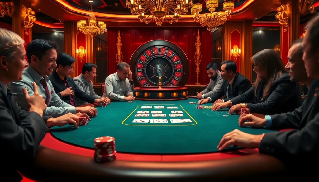 Intense players at a poker table examining cards on https://lc88.jpn.com/ in a luxurious casino setting.