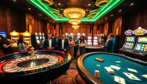 Experience the excitement at Nhà Cái MMOO with vibrant casino tables and eager players enjoying their games.