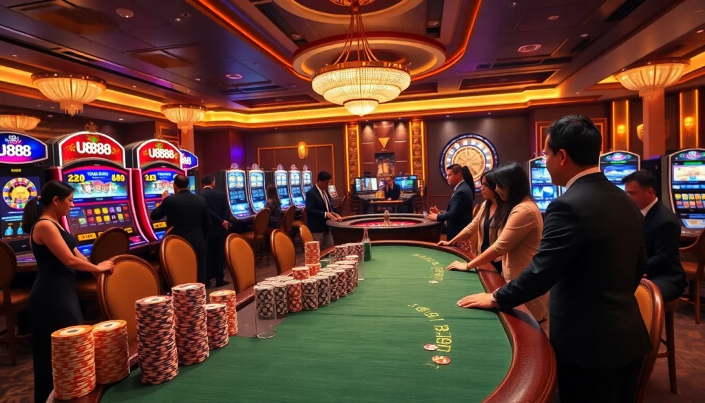 U888 vibrant casino scene showcasing poker tables, colorful chips, and a lively atmosphere.