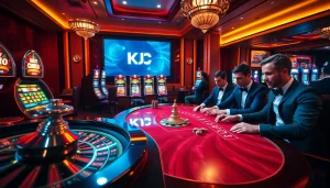 KJC branding shines in a luxurious casino scene with poker games and roulette excitement.
