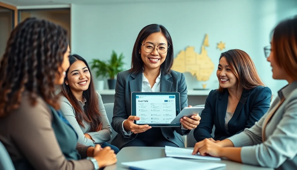 Migration agent in Australia advising clients on visa applications in a professional office.