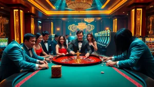 Players celebrating a win at Nhà cái OKFUN, surrounded by high-stakes casino elements.