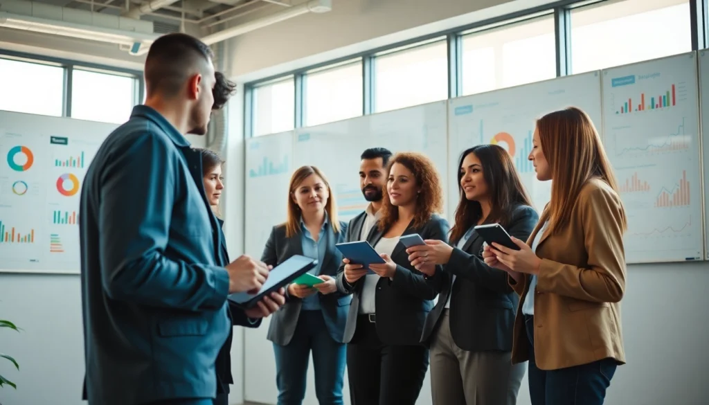 Engaged team at a Marketing Agency discussing strategies in a modern office setting.