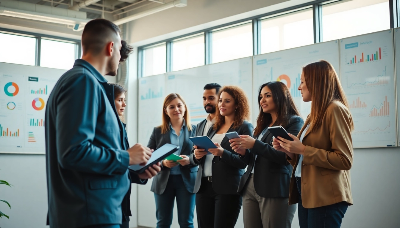Engaged team at a Marketing Agency discussing strategies in a modern office setting.