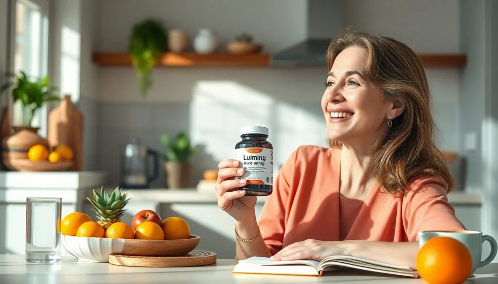 エクオール 10mg サプリのおすすめ。静かなキッチンで健康サプリを楽しむ女性。