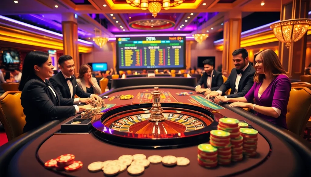 Tool xổ số siêu tốc showcases an exciting casino scene with players engaging in high-stakes table games.