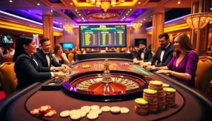 Tool xổ số siêu tốc showcases an exciting casino scene with players engaging in high-stakes table games.