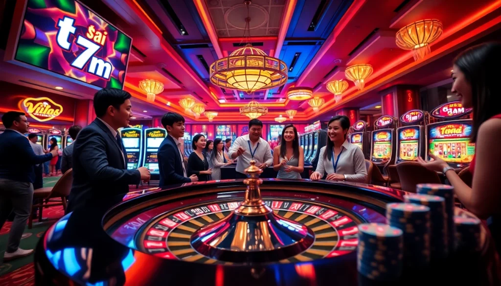Engage with the excitement of "tỷ số 7m" at a vibrant casino scene filled with roulette, poker, and betting slips.