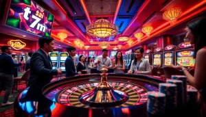 Engage with the excitement of "tỷ số 7m" at a vibrant casino scene filled with roulette, poker, and betting slips.