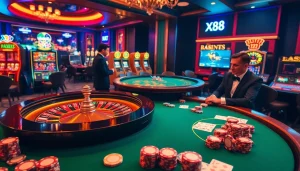 X88 enhances the thrill of gaming with a luxurious casino scene featuring vibrant poker chips and a roulette wheel.