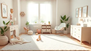 MMOO-branded modern nursery showcasing stylish baby products in pastel colors.
