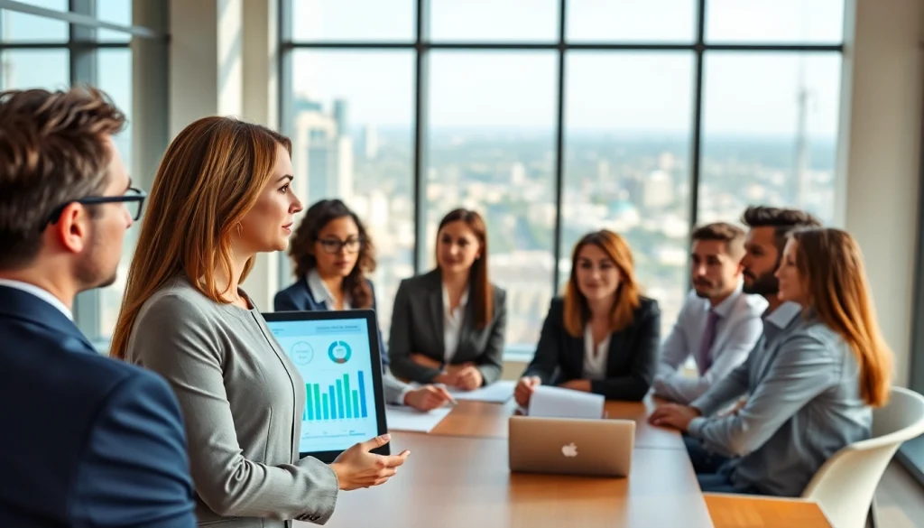 Analyze growth strategy trends in a dynamic corporate meeting with engaged executives.