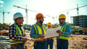 Austin construction team collaborates on a building site with tools and plans.