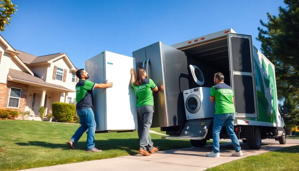 Appliance removal team efficiently collecting large appliances from a suburban home.