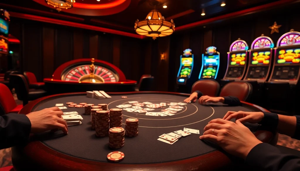 IWIN68 poker players engaged in a high-stakes game at a luxury casino table.