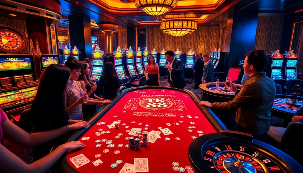 Players enjoying a glamorous TK 88-themed casino table surrounded by chips and cards.