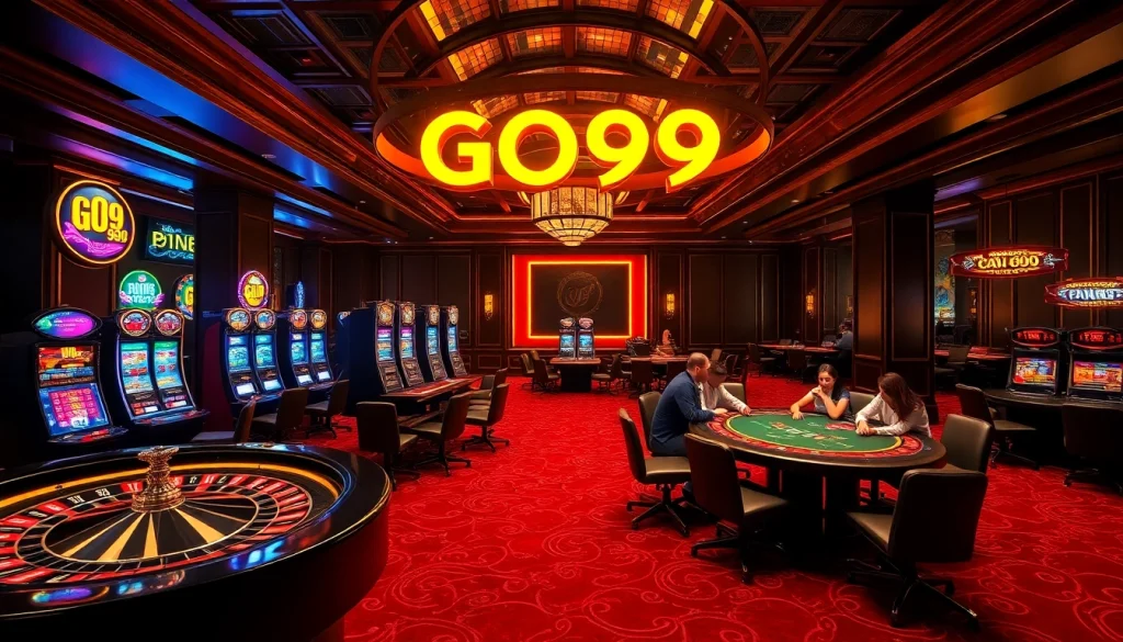 Engaging scene of GO99 casino action with roulette, poker, and slot machines in luxury.