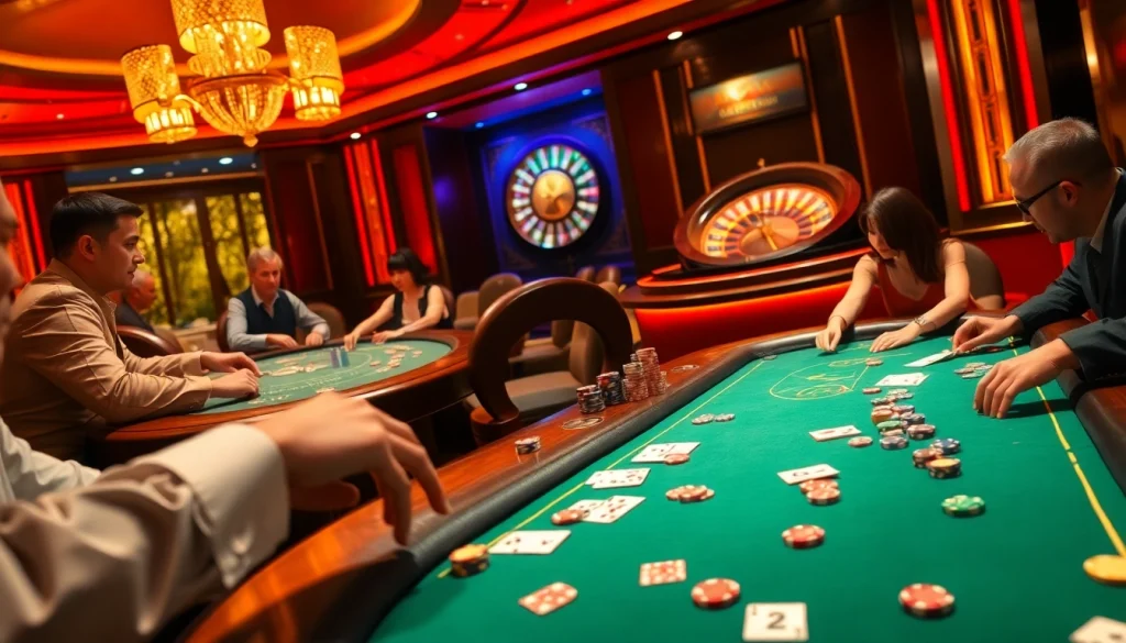 Players enjoying a thrilling poker game at BJ38 casino with vibrant chips and cards.