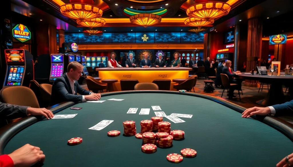 Exciting scene of players at a luxurious poker table in a casino, showcasing xxgg branding.