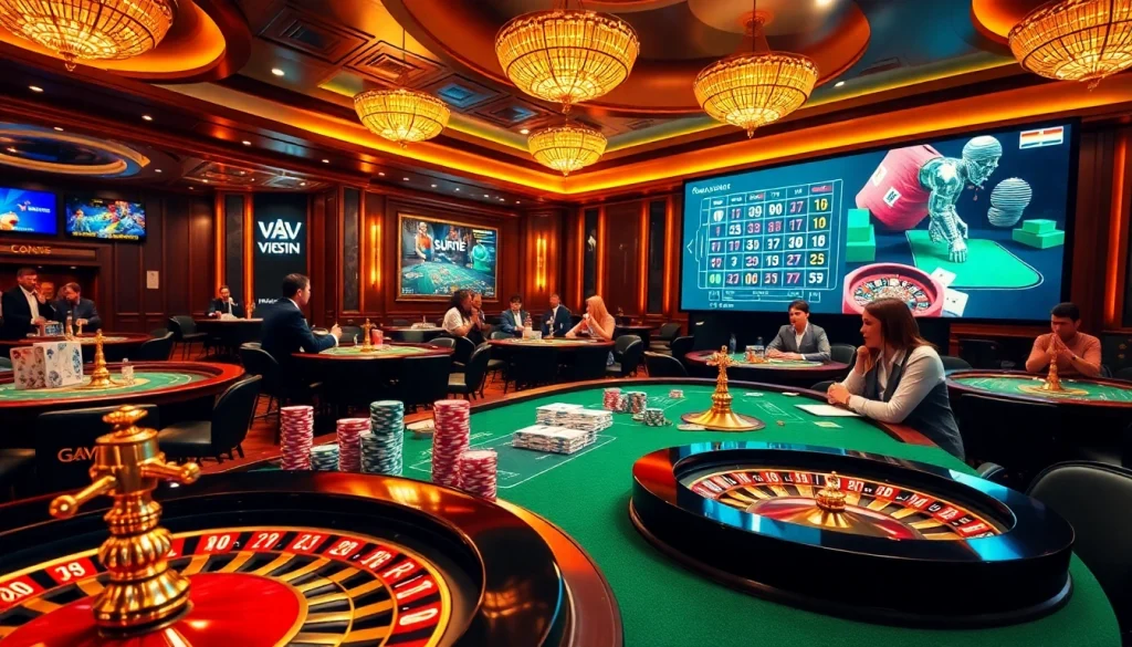 Exciting gambling scene at https://vaoluoitv.it.com featuring vibrant casino tables and online gaming interfaces.