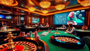 Exciting gambling scene at https://vaoluoitv.it.com featuring vibrant casino tables and online gaming interfaces.