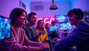 LAGAGAME77 gaming scene with diverse players enjoying interactive experiences in a vibrant atmosphere.