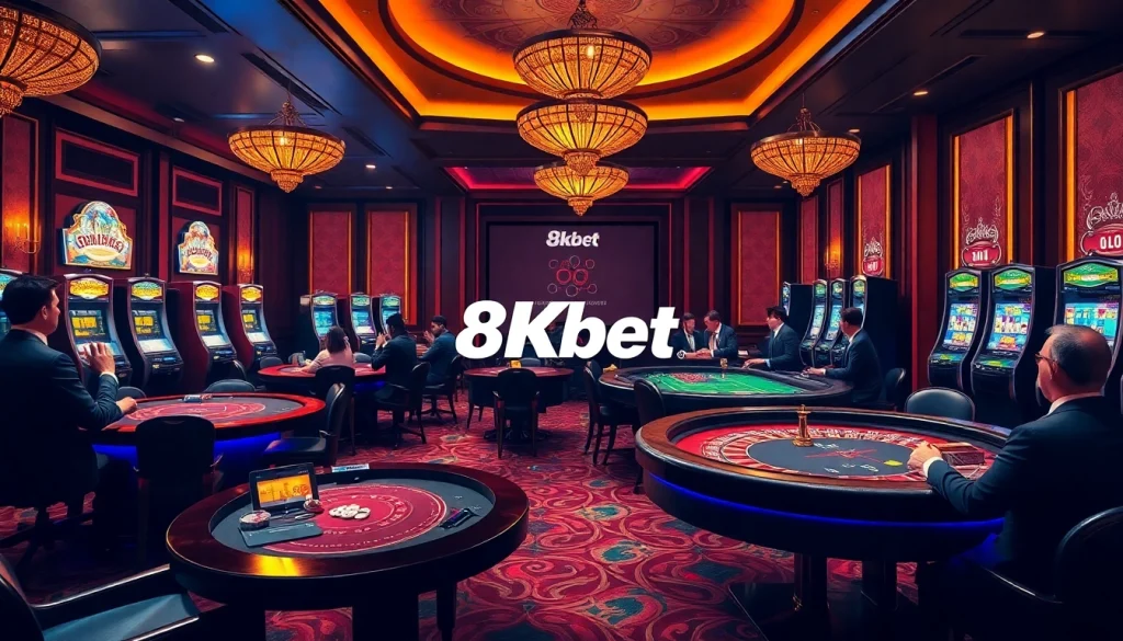 Gamblers enjoying a luxurious experience at 8kbet casino with vibrant tables and exciting games.