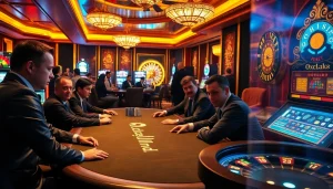 Exciting high-stakes poker game at a luxurious casino, highlighting oxplay's vibrant atmosphere.