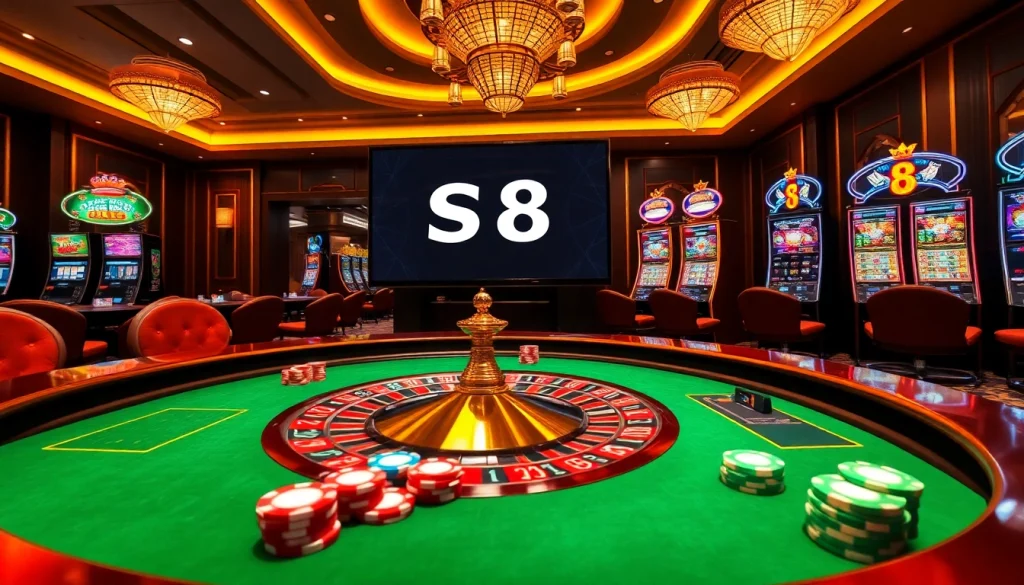 S8 casino gaming scene showcasing vibrant roulette and poker table with luxury details.