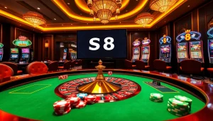 S8 casino gaming scene showcasing vibrant roulette and poker table with luxury details.