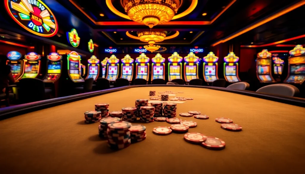 Players strategize at NOHU90's poker table amidst glowing slot machines.