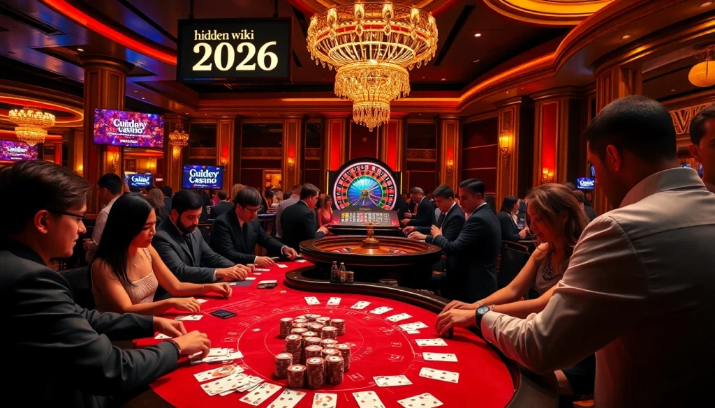 A luxurious casino scene showcasing high-stakes gambling with hidden wiki 2026 prominently featured.