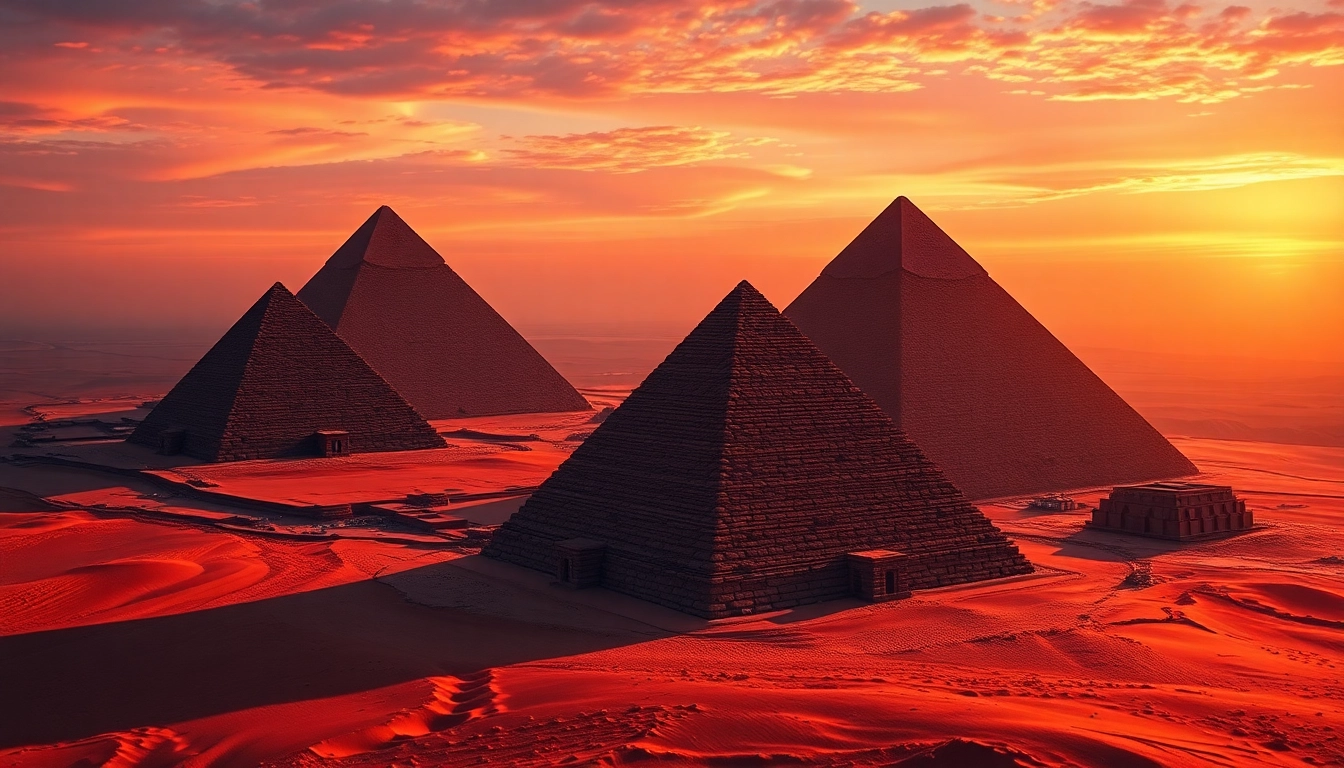 Explore the majestic piraminds of Giza under a vibrant sunset sky.