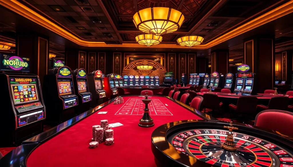Experience the thrill of NOHU90 with vibrant casino tables and gaming elements.