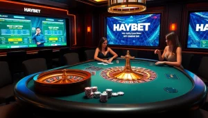 HAYBET players enjoying a thrilling casino experience at an elegant gaming table with rich textures.