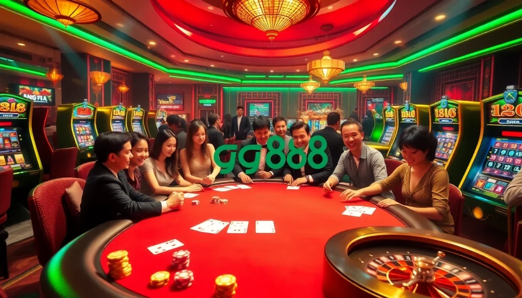 Experience the thrill of gambling at gg88 with a lively casino scene showcasing poker and slot machines.